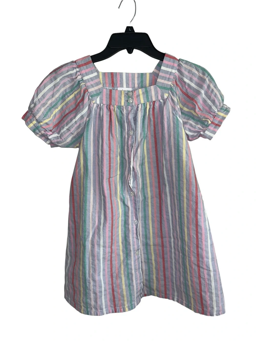 Pleat Girls Rainbow Stripe Puff Sleeve Button Front Dress Size 8